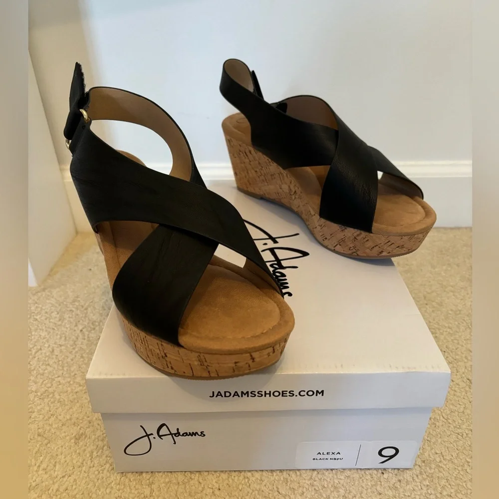 NIB Black wedge sandal on cork heel by J.Adams - 9